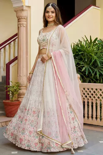 off white digital printed georgette festive lehenga set choli with dupatta