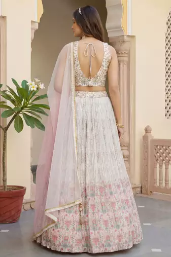 off white digital printed georgette festive lehenga set choli with dupatta
