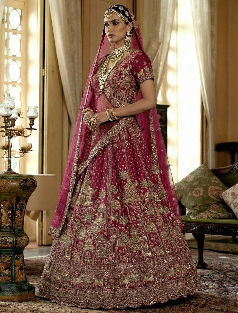 pink embroidered silk bridal lehenga set choli with dupatta with double dupatta