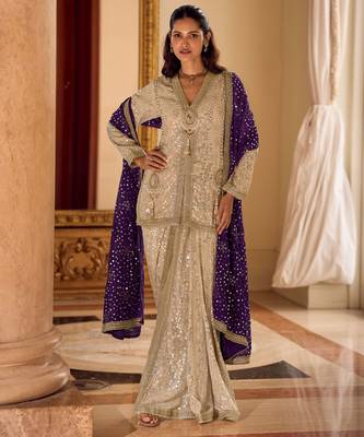 beige heavy embroidery and  hand work  gerogette long kurti jacket dhoti pant - free size stitched(size upto 42") 1