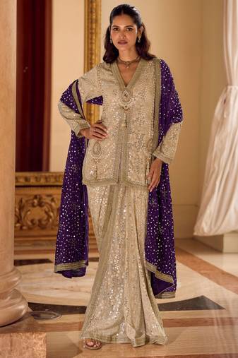 beige heavy embroidery and  hand work  gerogette long kurti jacket dhoti pant - free size stitched(size upto 42")