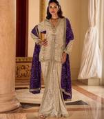 beige heavy embroidery and  hand work  gerogette long kurti jacket dhoti pant - free size stitched(size upto 42")