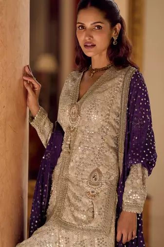 beige heavy embroidery and  hand work  gerogette long kurti jacket dhoti pant - free size stitched(size upto 42")