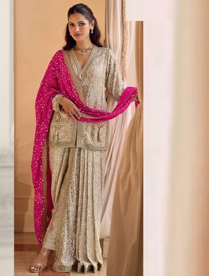 beige heavy embroidery and hand work gerogette long kurti jacket dhoti pant-Full Stitched free size 1