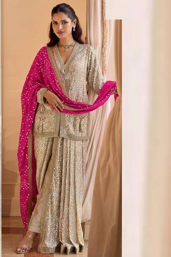 beige heavy embroidery and hand work gerogette long kurti jacket dhoti pant-Full Stitched free size