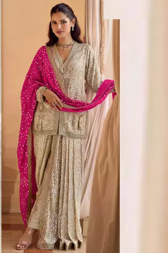 beige heavy embroidery and hand work gerogette long kurti jacket dhoti pant-Full Stitched free size