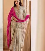 beige heavy embroidery and hand work gerogette long kurti jacket dhoti pant-Full Stitched free size