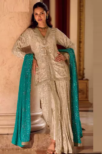 beige heavy embroidery and hand work gerogette long kurti jacket dhoti pant-Full Stitched free size