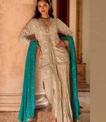 beige heavy embroidery and hand work gerogette long kurti jacket dhoti pant-Full Stitched free size