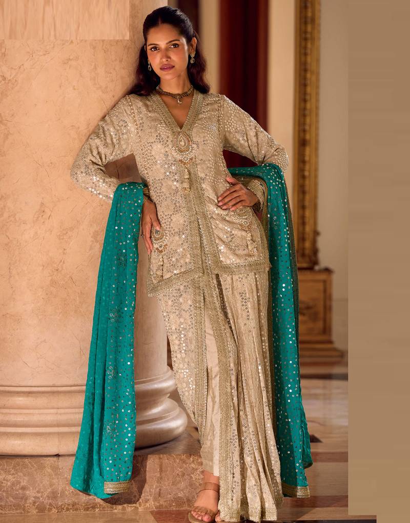 beige heavy embroidery and hand work gerogette long kurti jacket dhoti pant-Full Stitched free size