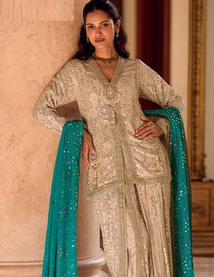 beige heavy embroidery and hand work gerogette long kurti jacket dhoti pant-Full Stitched free size 2
