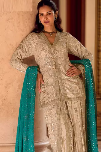 beige heavy embroidery and hand work gerogette long kurti jacket dhoti pant-Full Stitched free size