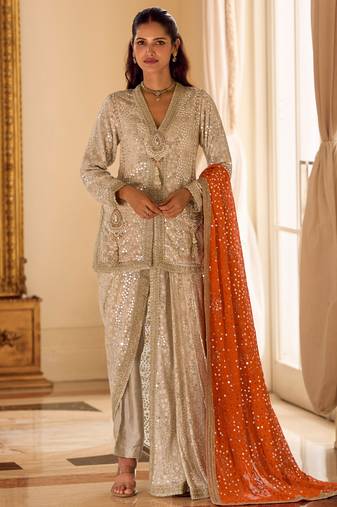 beige heavy embroidery and hand work gerogette long kurti jacket dhoti pant-Full Stitched free size