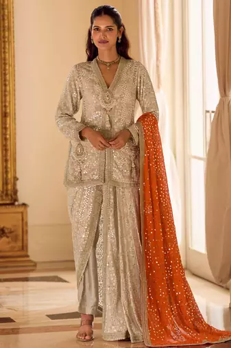 beige heavy embroidery and hand work gerogette long kurti jacket dhoti pant-Full Stitched free size