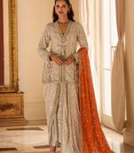 beige heavy embroidery and hand work gerogette long kurti jacket dhoti pant-Full Stitched free size