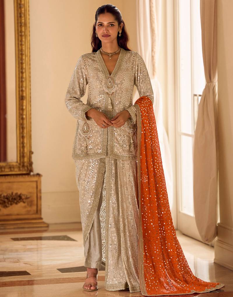 beige heavy embroidery and hand work gerogette long kurti jacket dhoti pant-Full Stitched free size