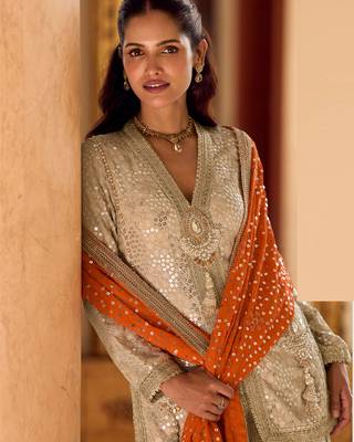 beige heavy embroidery and hand work gerogette long kurti jacket dhoti pant-Full Stitched free size 2