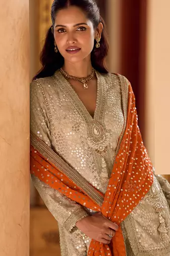 beige heavy embroidery and hand work gerogette long kurti jacket dhoti pant-Full Stitched free size