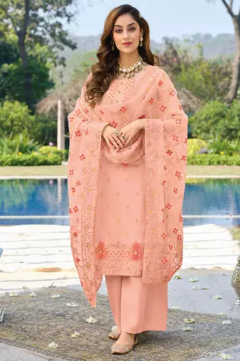 Peach Embroidered Viscose Organza  Straight Palazzo Suit. Free size full stitched Up To 42" Size