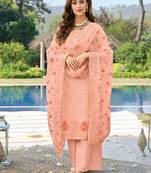 Peach Embroidered Viscose Organza  Straight Palazzo Suit. Free size full stitched Up To 42" Size