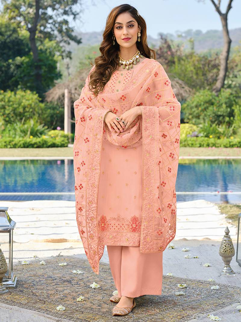 Peach Embroidered Viscose Organza  Straight Palazzo Suit. Free size full stitched Up To 42" Size