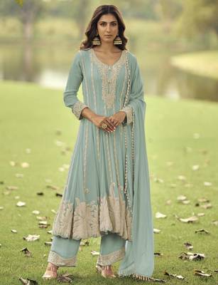 Mint heavy embroidery beads work gerogette anarkali straight pant-Full Stitched free size 1