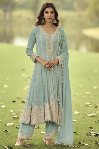 Mint heavy embroidery beads work gerogette anarkali straight pant-Full Stitched free size