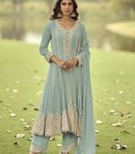 Mint heavy embroidery beads work gerogette anarkali straight pant-Full Stitched free size