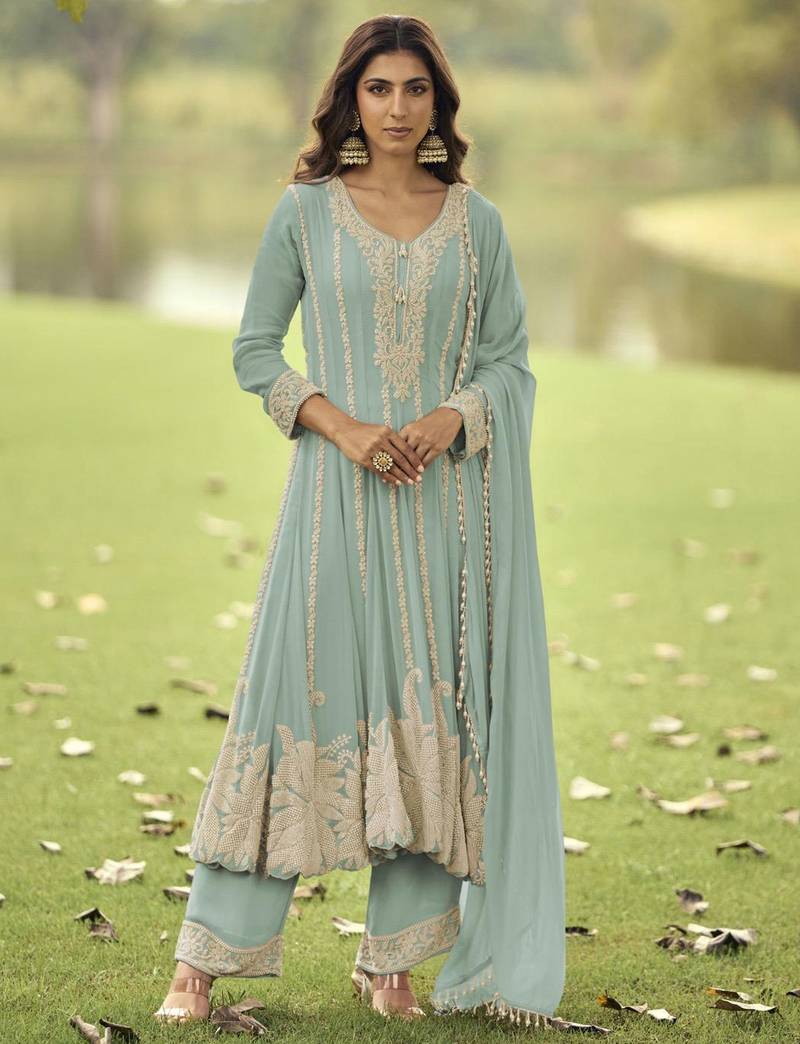 Mint heavy embroidery beads work gerogette anarkali straight pant-Full Stitched free size