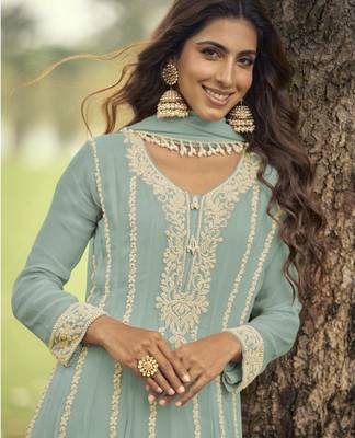 Mint heavy embroidery beads work gerogette anarkali straight pant-Full Stitched free size 2