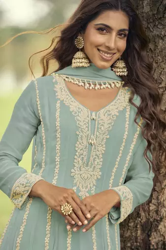 Mint heavy embroidery beads work gerogette anarkali straight pant-Full Stitched free size