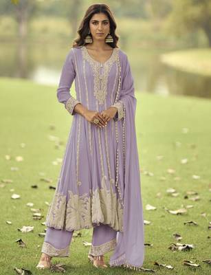 Lavendar heavy embroidery beads work gerogette anarkali straight pant-Full Stitched free size 1