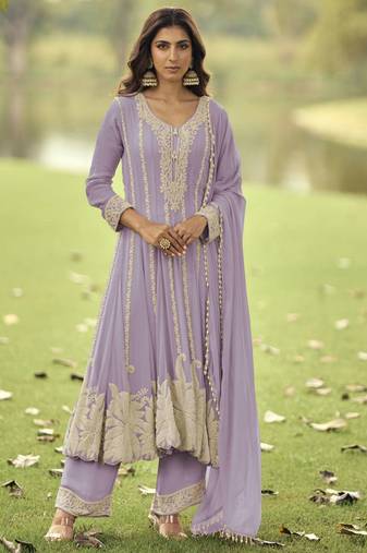 Lavendar heavy embroidery beads work gerogette anarkali straight pant-Full Stitched free size