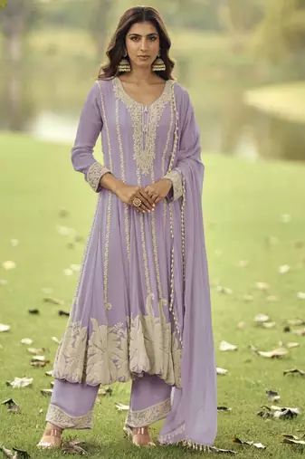 Lavendar heavy embroidery beads work gerogette anarkali straight pant-Full Stitched free size