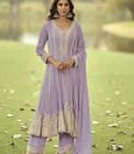 Lavendar heavy embroidery beads work gerogette anarkali straight pant-Full Stitched free size