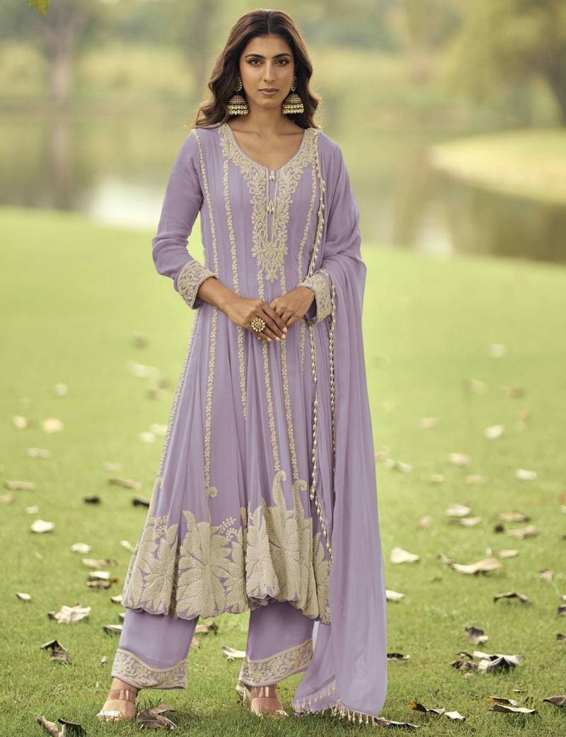 Lavendar heavy embroidery beads work gerogette anarkali straight pant-Full Stitched free size
