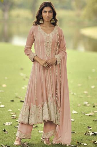 Peach heavy embroidery beads work gerogette anarkali straight pant-Full Stitched free size