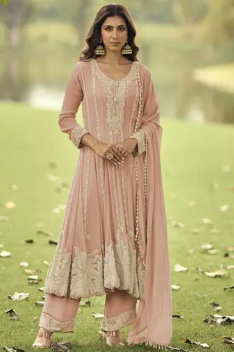 Peach heavy embroidery beads work gerogette anarkali straight pant-Full Stitched free size