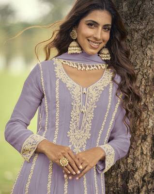 Lavendar heavy embroidery beads work gerogette anarkali straight pant-Full Stitched free size 2