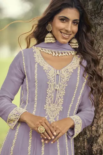 Lavendar heavy embroidery beads work gerogette anarkali straight pant-Full Stitched free size