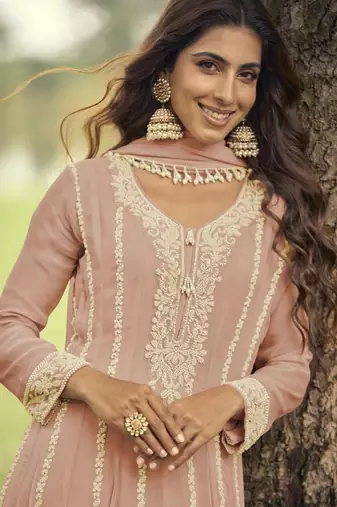 Peach heavy embroidery beads work gerogette anarkali straight pant-Full Stitched free size