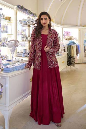 Maroon embroidery and stone beads with heavy look silk gown-Full Stitched free size