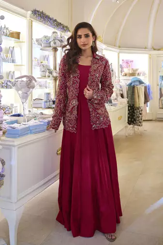 Maroon embroidery and stone beads with heavy look silk gown-Full Stitched free size