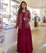 Maroon embroidery and stone beads with heavy look silk gown-Full Stitched free size