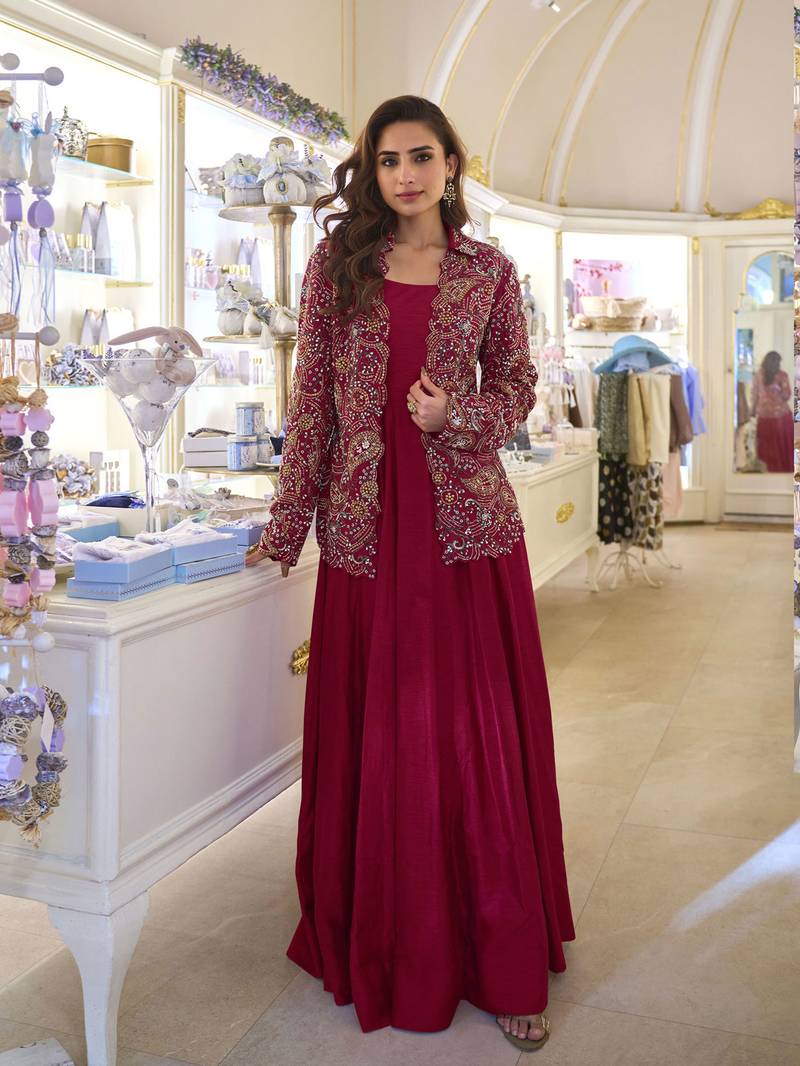 Maroon embroidery and stone beads with heavy look silk gown-Full Stitched free size
