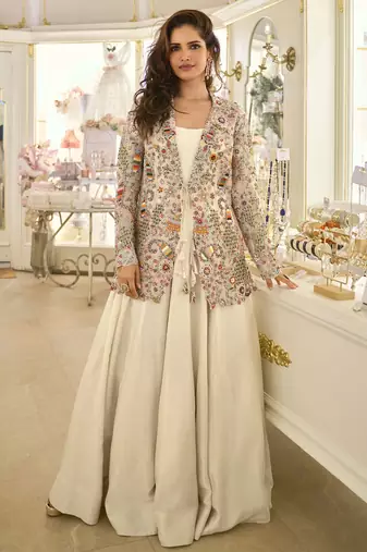 Beige embroidery and stone beads with heavy look silk gown-Full Stitched free size