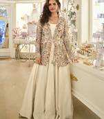 Beige embroidery and stone beads with heavy look silk gown-Full Stitched free size
