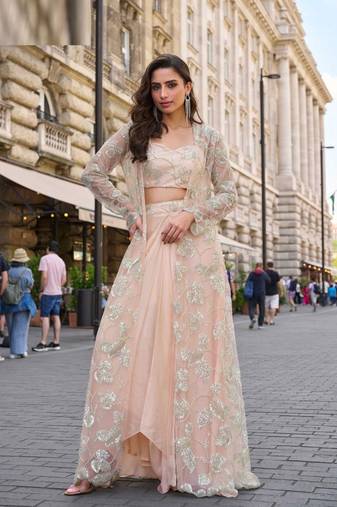 Soft peach silver thread sequins floral motifs french crep blouse dhoti-Full Stitched free size