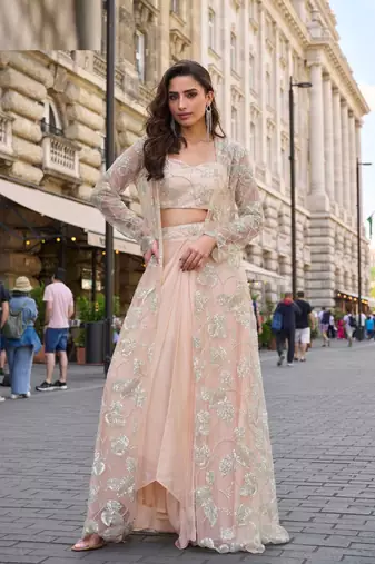 Soft peach silver thread sequins floral motifs french crep blouse dhoti-Full Stitched free size