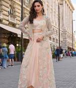 Soft peach silver thread sequins floral motifs french crep blouse dhoti-Full Stitched free size